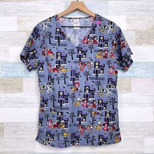 Disney Halloween Haunted House Scrub Top Gray Mickey Minnie Nursing Womens Small